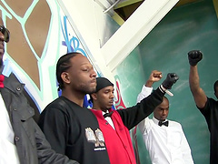 Sucking slut on her knees blows a bunch of horny black guys