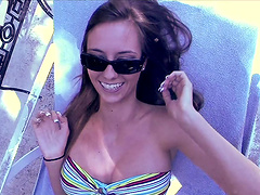 Fucking sun bathing babe with natural tits wearing miniskirt gets cumshot on her tits after handjob