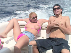 Curvy blonde gives big cock blowjob before getting her shaved pussy slammed on yacht