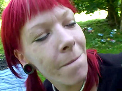 Cute redhead in high heels enjoying being humped outdoors