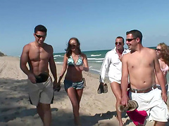 Party teen in bikini made to fuck in doggystyle & findling her small tits in MMF beach house sex