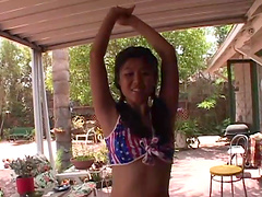 Elegant Asian cowgirl with natural tits displaying her nice ass then giving her guy blowjob