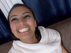 Horny brunette babe is licking heavy balls before receiving cum in he mouth