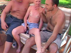 Sexy blonde gets her cunt fucked after sucking dick in MMF thresome