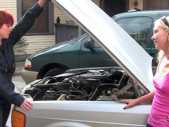 Stunning lesbian in a sexy short reaches an orgasm after getting throbbed with a strap on