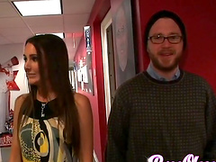 Pornstar in high heels shows her big tits at radio show in reality