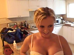 Busty horny teens in shorts give blowjob