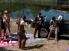 Gangsters fuck pornstars in stockings with making them swallow all the cum in mouth