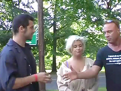 Chubby cougar with big tits gives a tit job before getting her pussy licked then throbbed hardcore