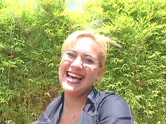 Busty blonde gets cumshot after being cock ravaged outside