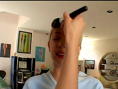 Blonde with fake tits gets cumshot after drilled doggystyle behind the scenes