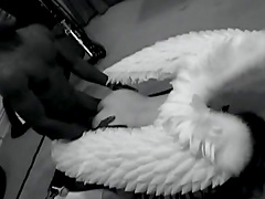 Cock sucking slut in angel costume sucks dick and gets her cunt banged