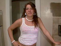 Small tits amateur flaunts her natural tits & pussy in kitchen