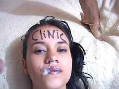 Brunette gets facial cumshot after taking big dick in her pussy and mouth