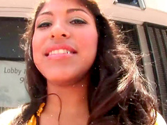 Marvelous brunette babe gives a deepthroat blowjob outdoors in a close up pov shoot