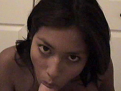 Marvelous girl with natural tits tease shaved pussy and gives blowjob in POV