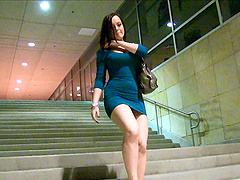 A stacked amateur in a tight dress flashes her tits in public