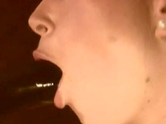 Kinky lesbian in a thong ecstatic while getting her pussy nailed in a close up