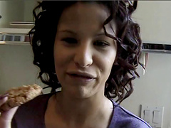 Perfect curly hair and dark lipstick on busty brunette beauty