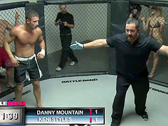 Tattooed brunette fucked in a relity porn after a battle of horny guys