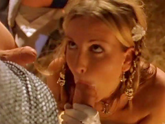 Blonde Wendi Knight in stockings gets facial cumshot in a MMF DP shoot