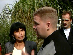 Pornstar sucks dick in a retro group sex and gets pussy banged