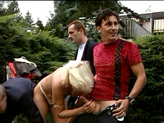 Pornstar sucks dick in a retro group sex and gets pussy banged