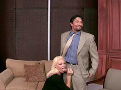 Adorable blonde with fake tits in stocking getting the pleasure of multiple toys