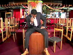 Elegant blonde in sexy stockings gives a blowjob the rides a cock doggy style