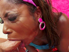 Skinny ebony Shae Spreadz enjoys sucking a white dick outdoors