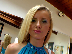 Fabulous blonde babe in a nylon pantyhose masturbating with anal insertions close up