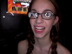 Porn star with pigtail gives blow job through glory hole then fucked