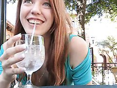 Lacie is teasing her boobs and take off her thongs in a cafe