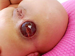 Kinky blonde in solo pussy and ass stretching dildo session