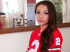 Tantalizing brunette babe in a sexy thong with long hair giving a superb blowjob before getting screwed