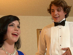 Pornstar brunette gives blowjob and rides hard wang in hot bed sex