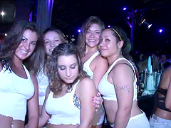 Compassionate babes with nice ass in short dancing lovely in the club party