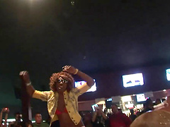 Suggestive cowgirls with pigtails and long hair having fascinating fun in a wild public reality show