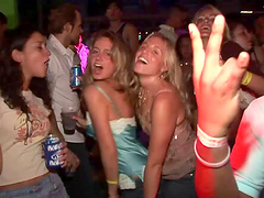 Rakish college babes with long hair and natural tits having sensational fun at a crazy reality party at a club