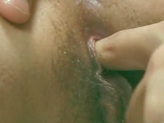 Asian slut getting pussy banged close up after milking cock