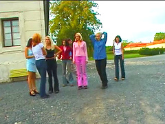 Two kinky brunettes lick each other's tits in reality backstage clip