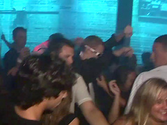 Blondes in fishnet pantyhose have fun and merry in club party