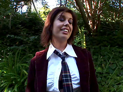 Brunette sucks her own natural big tits while riding cock