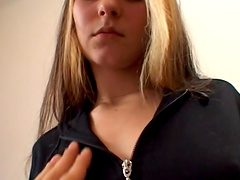 Dainty blonde amateur with a nice ass enjoys getting her shaved pussy drilled in a scintillating ffm threesome