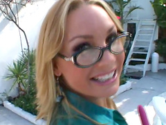 Tattooed blonde in glasses gets facial cumshot in an interracial face fucking scene