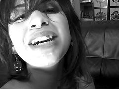 Brunette chick gets her cunt fucked in stockings before facial jizz