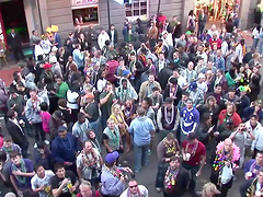 Accepting babes with natural tits getting wild at the street party outdoor