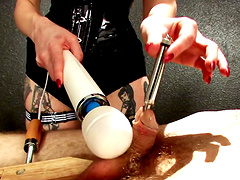 She puts his balls in a vice then tortures his cock