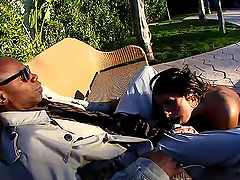 Randy mouth fucking slut getting black cock banged in interracial threesome