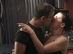 Adorable brunette cowgirl enjoys getting her pussy licked then drilled hardcore in the kitchen